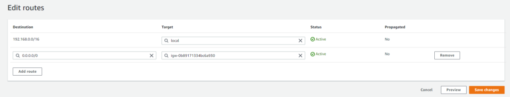 default route to internet gateway