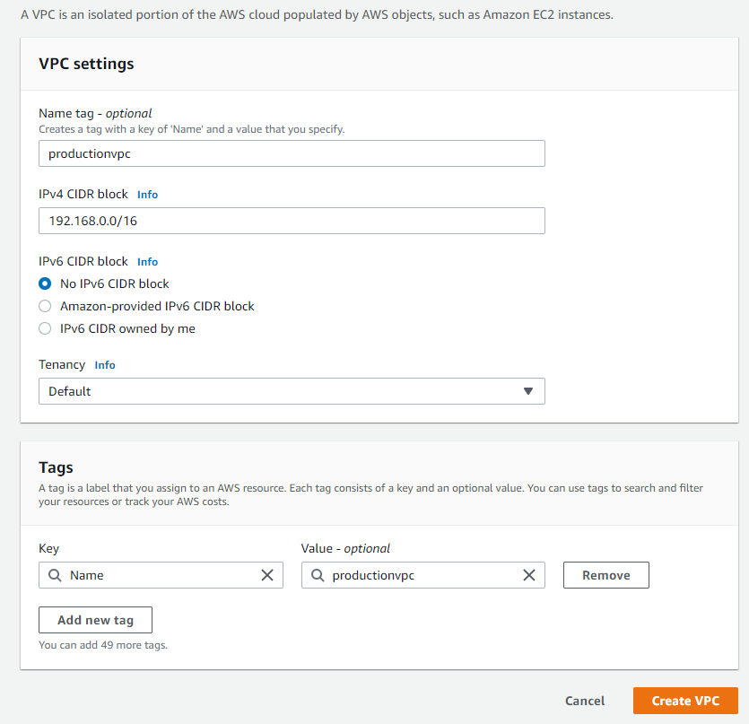 creating vpc and cidr block