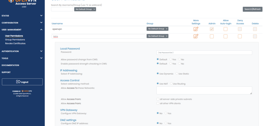 aws openvpn user settings