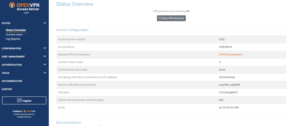 aws openvpn configuration page