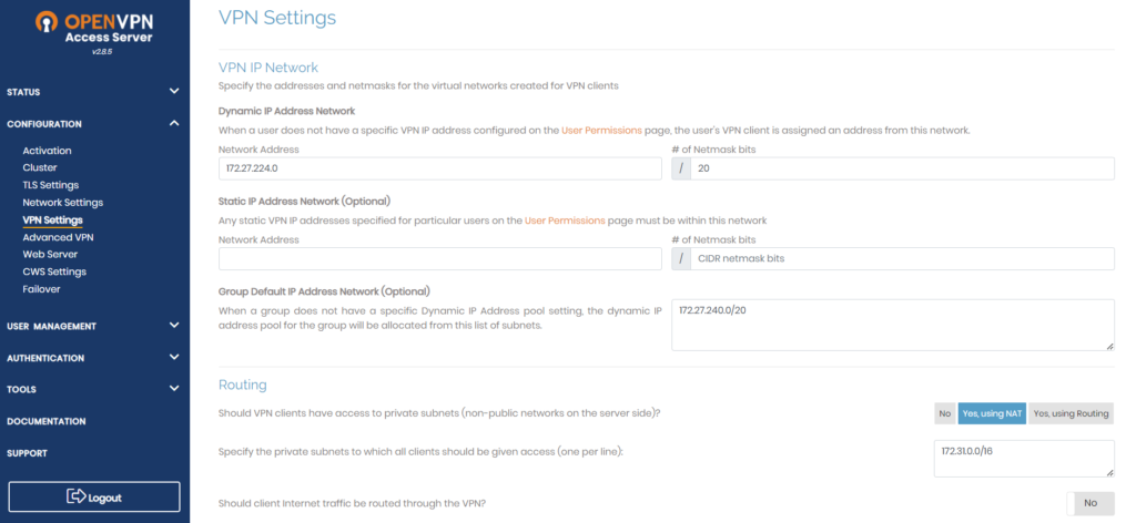 aws openvpn vpn settings